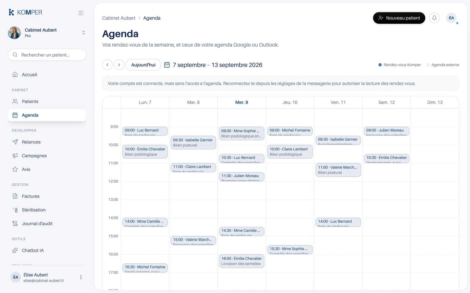 La vue semaine de l'agenda