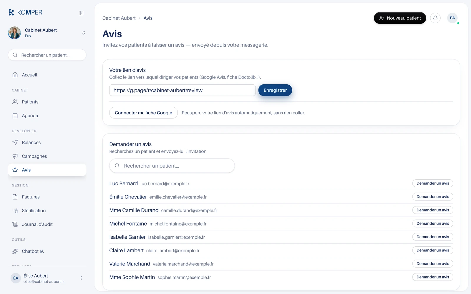 La page Avis : votre lien et l'historique des demandes