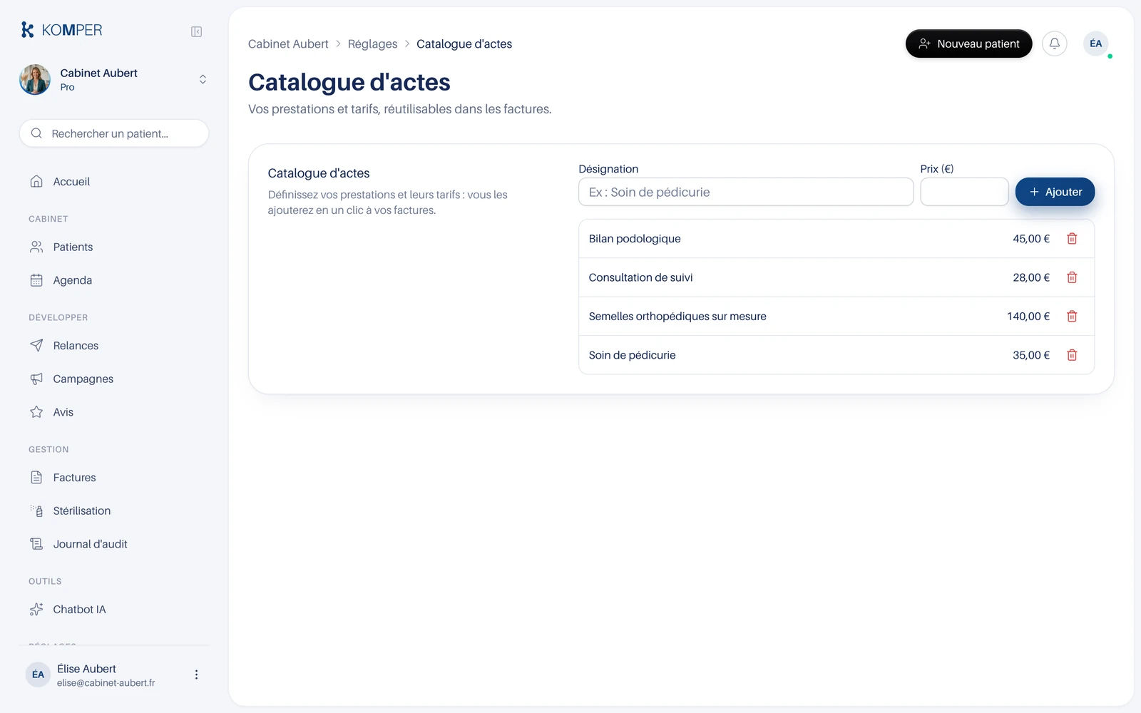 Le catalogue d'actes et leurs tarifs