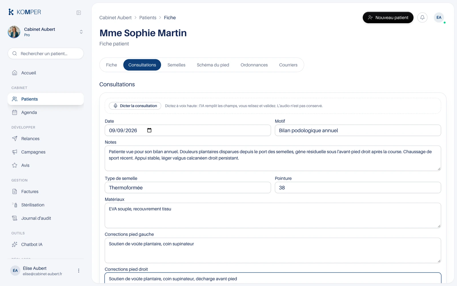Le bouton Dicter la consultation, en haut de l'éditeur