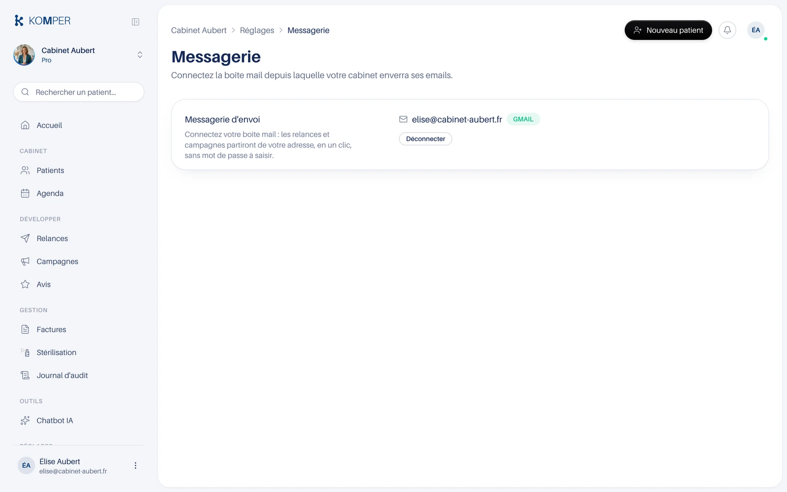 La messagerie du cabinet connectée à Gmail