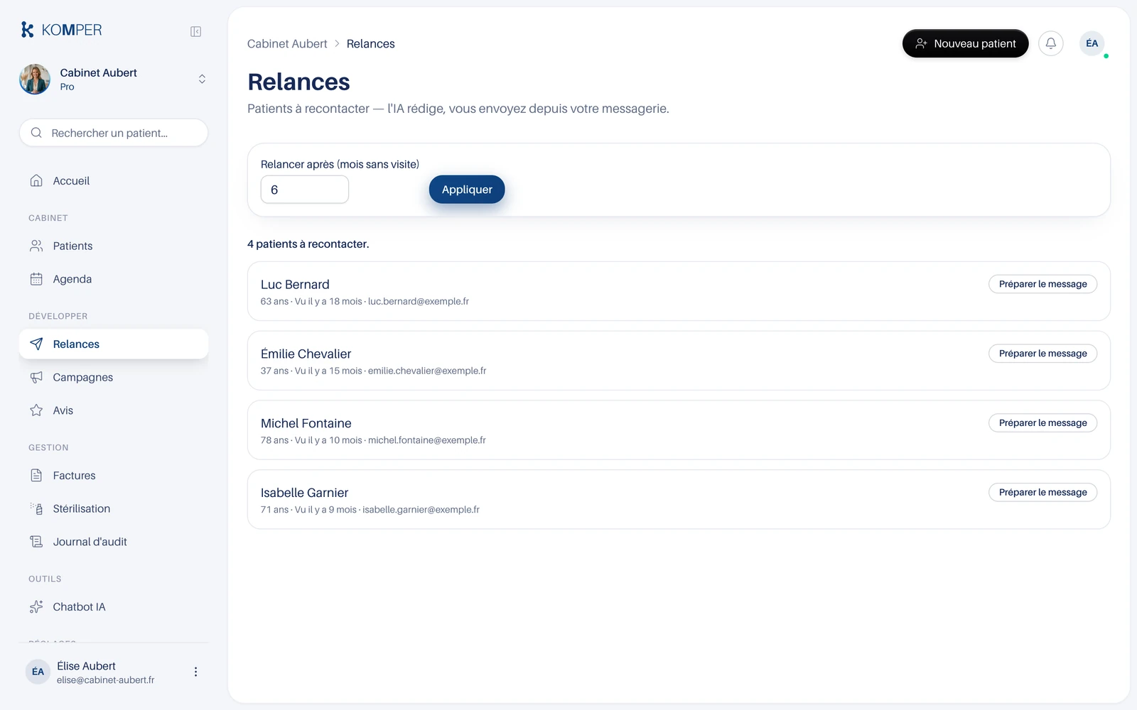 La page Relances et les patients à recontacter