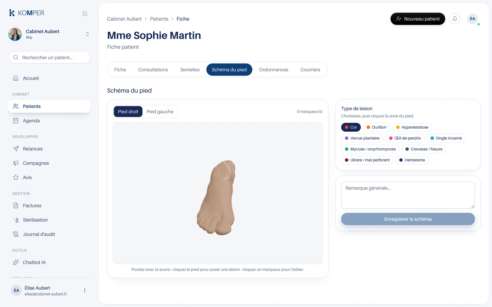 Le schéma du pied en 3D, avec des lésions posées dessus